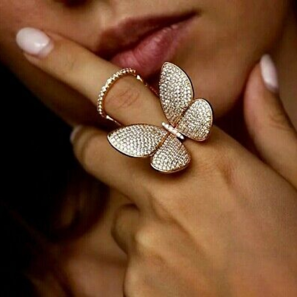 18K Gold Plated Pavé CZ Butterfly Double Band Full Finger Statement Ring